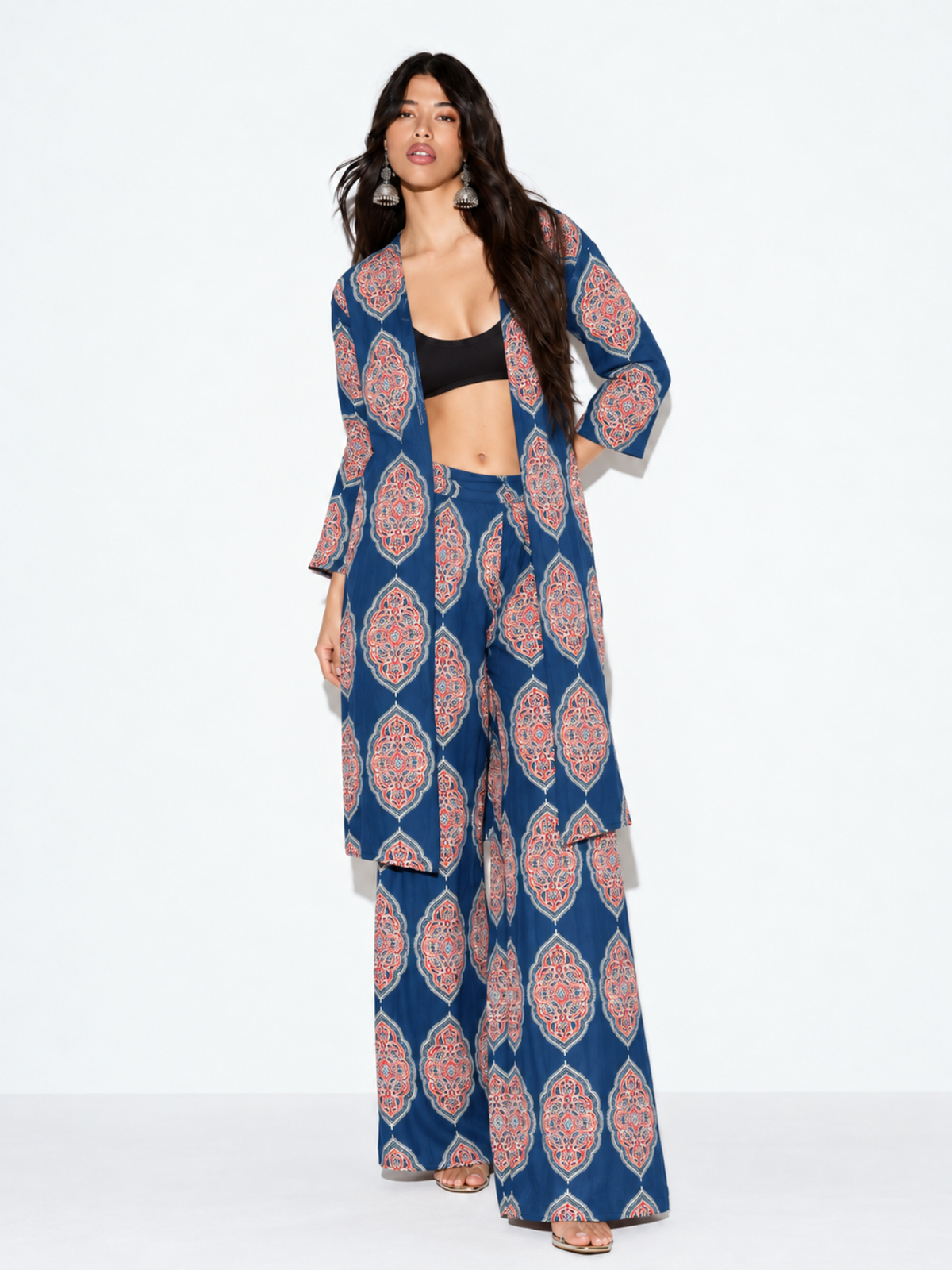 Haya Blue Printed Cover-up and Wide-Leg Pants Co-ord Set