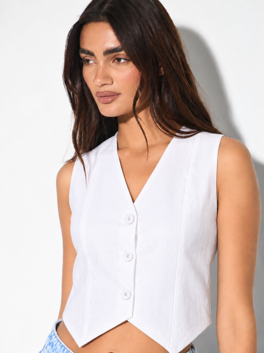 STELLA White Linen Vest for Women – Cropped V-Neck Waistcoat