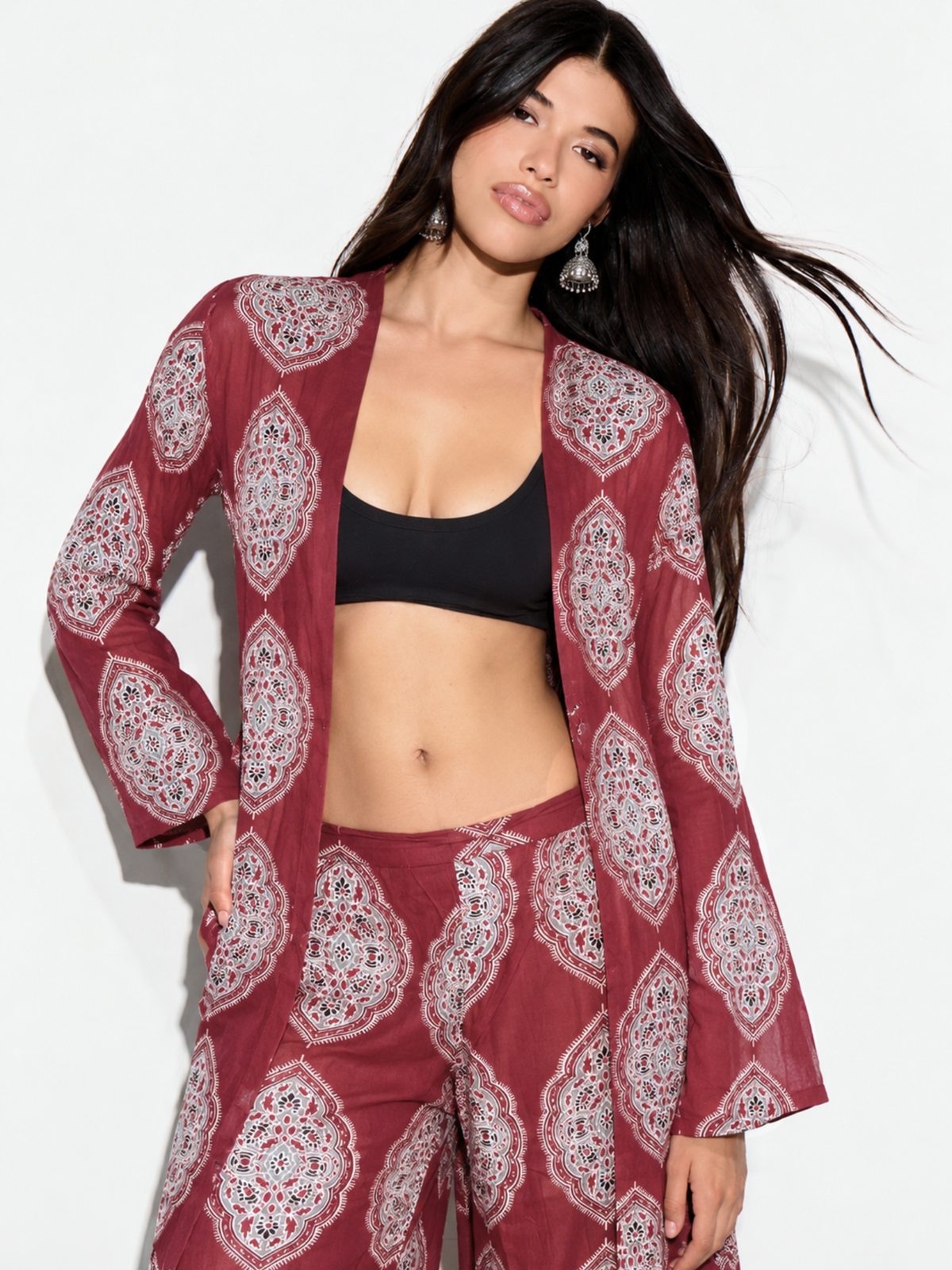 Haya Red Printed Cover-up and Wide-Leg Pants Co-ord Set