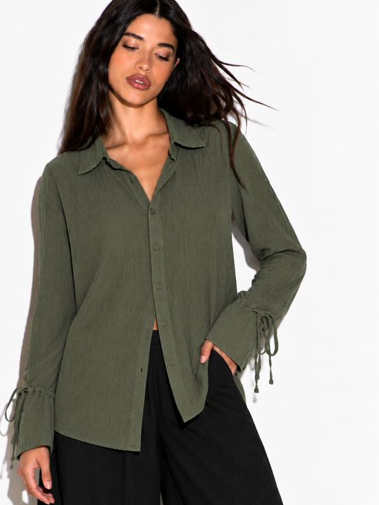 Rooh Olive Green Cotton Shirt for Women with Tie-Up Cuffs