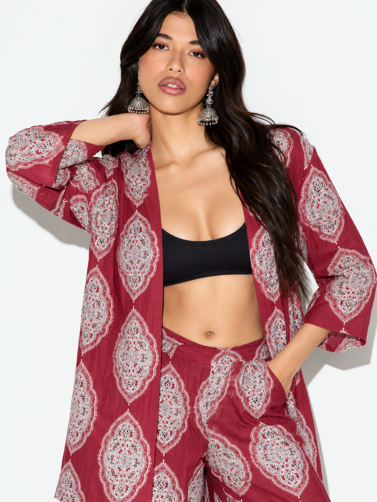 Haya Red Printed Cover-up and Wide-Leg Pants Co-ord Set