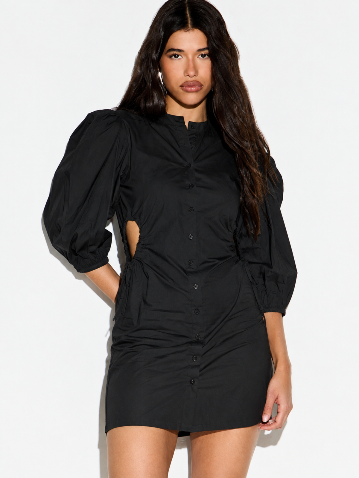 Juniper black button-front shirt dress with mandarin collar, puff sleeves and side waist cutout, front view