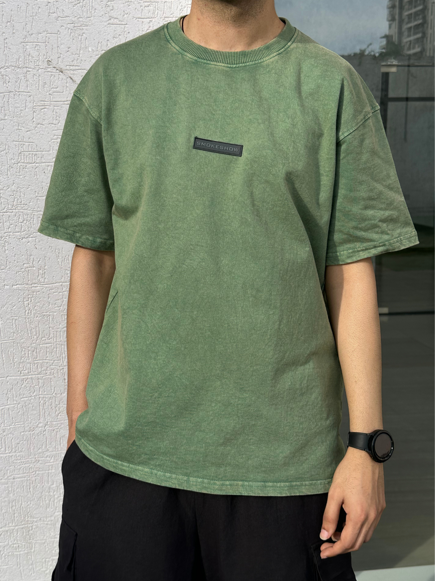 Men Olive Stone Wash heavy weight Oversized Tshirt