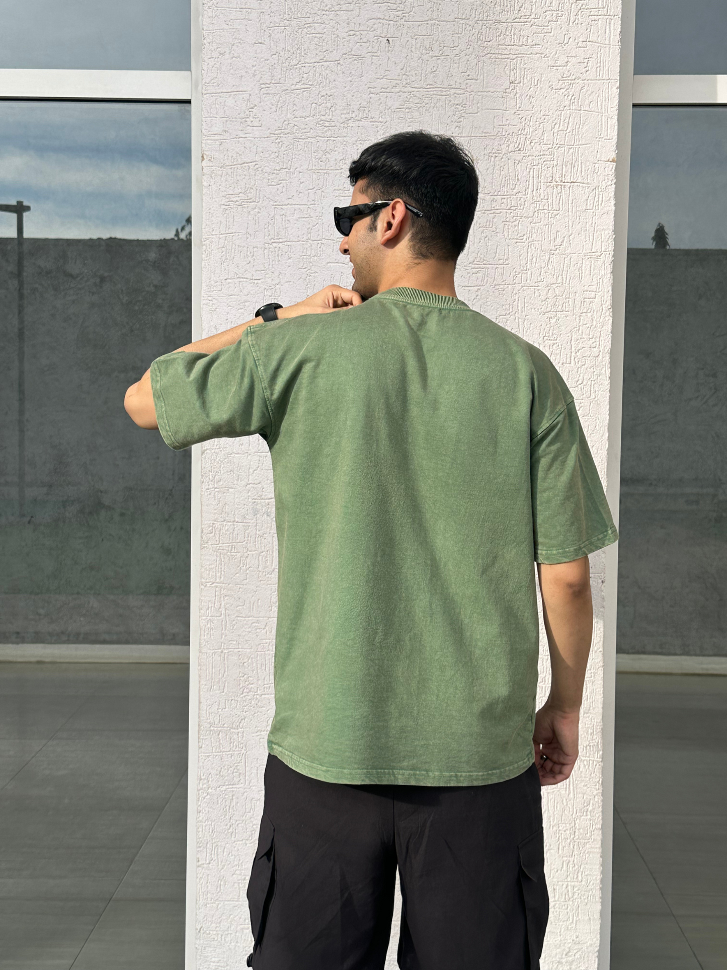 Men Olive Stone Wash heavy weight Oversized Tshirt