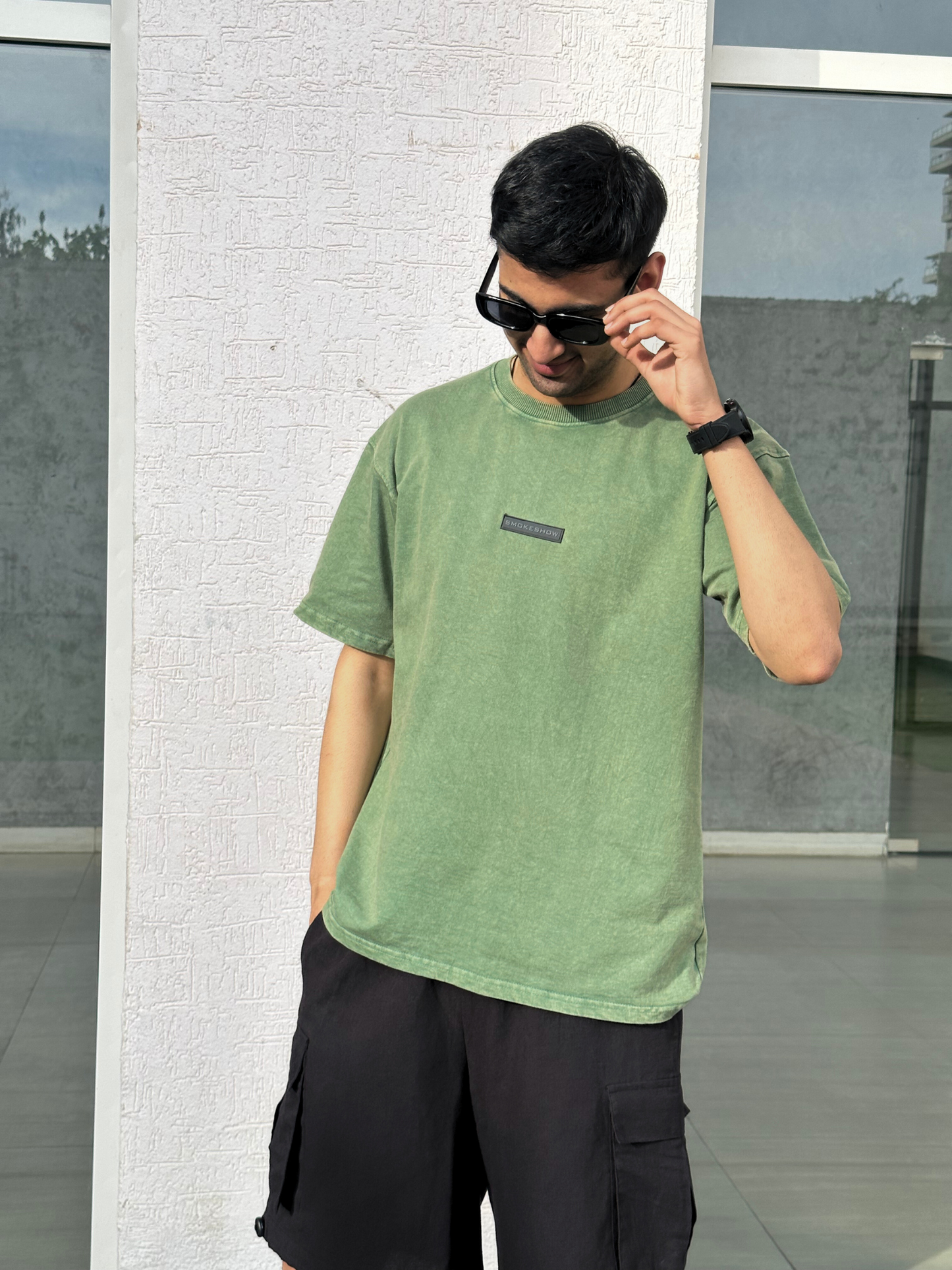 Men Olive Stone Wash heavy weight Oversized Tshirt