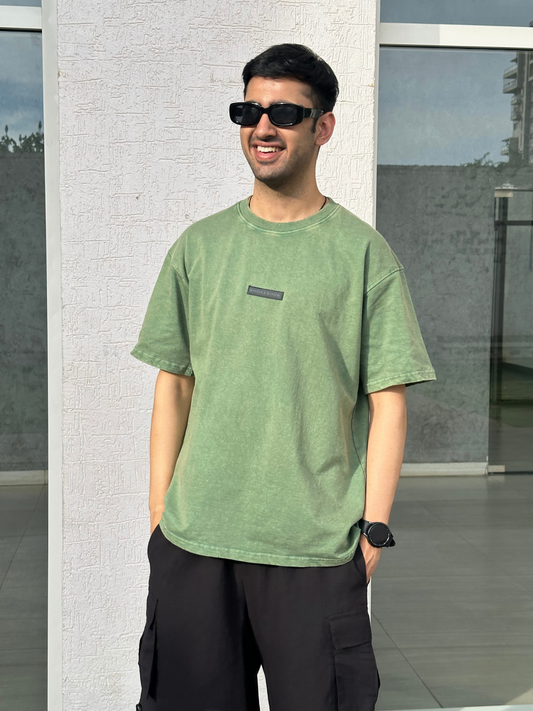 Men Olive Stone Wash heavy weight Oversized Tshirt