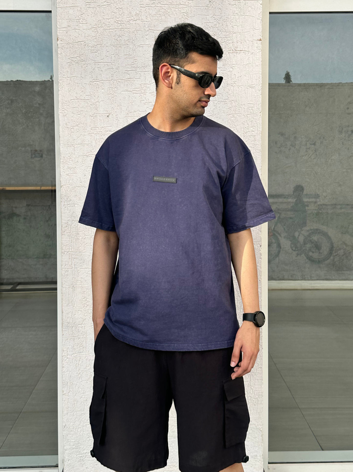 Men Blue Stone Wash heavy weight Oversized Tshirt