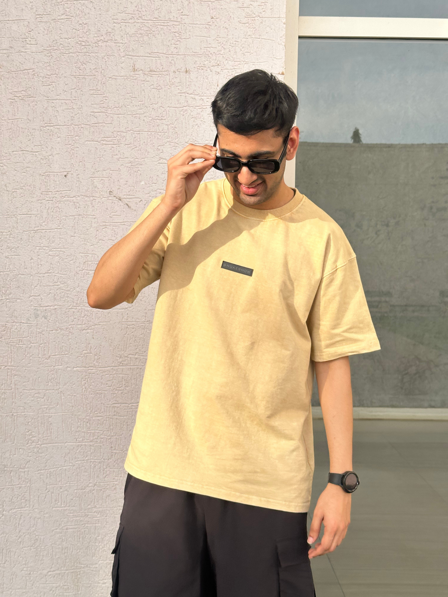 Men Beige Stone Wash heavy weight Oversized Tshirt