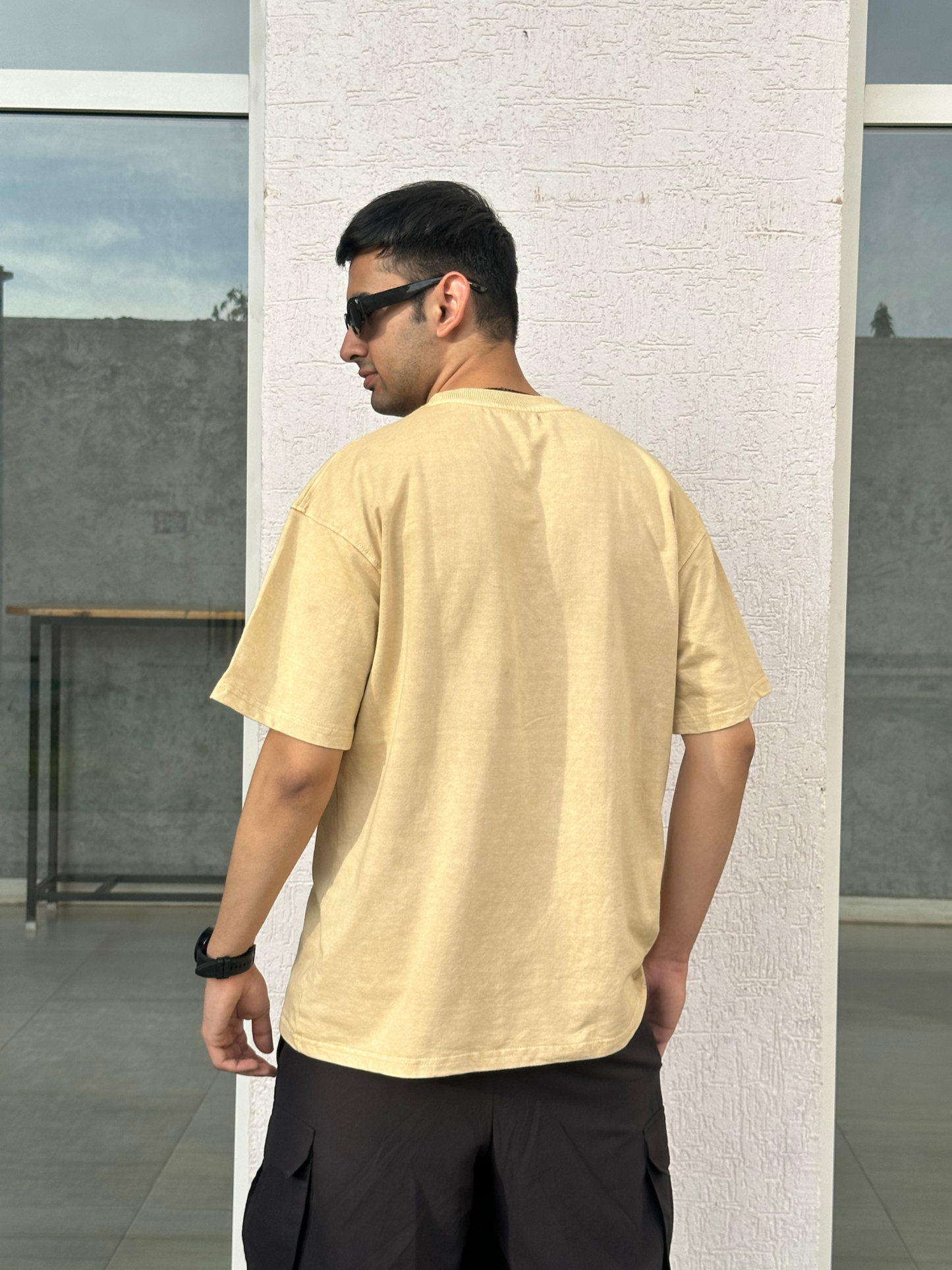 Men Beige Stone Wash heavy weight Oversized Tshirt