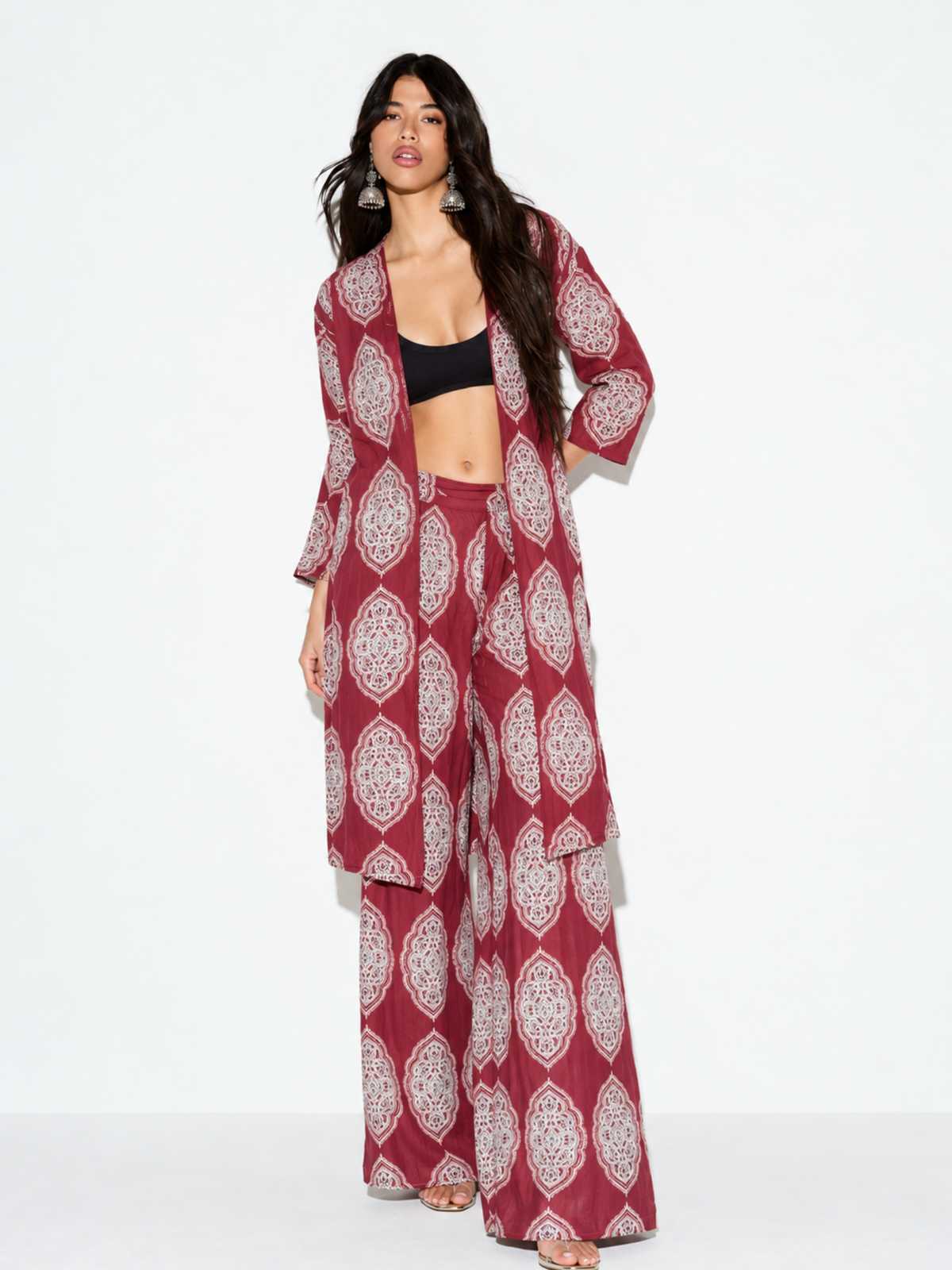 Haya Red Printed Cover-up and Wide-Leg Pants Co-ord Set