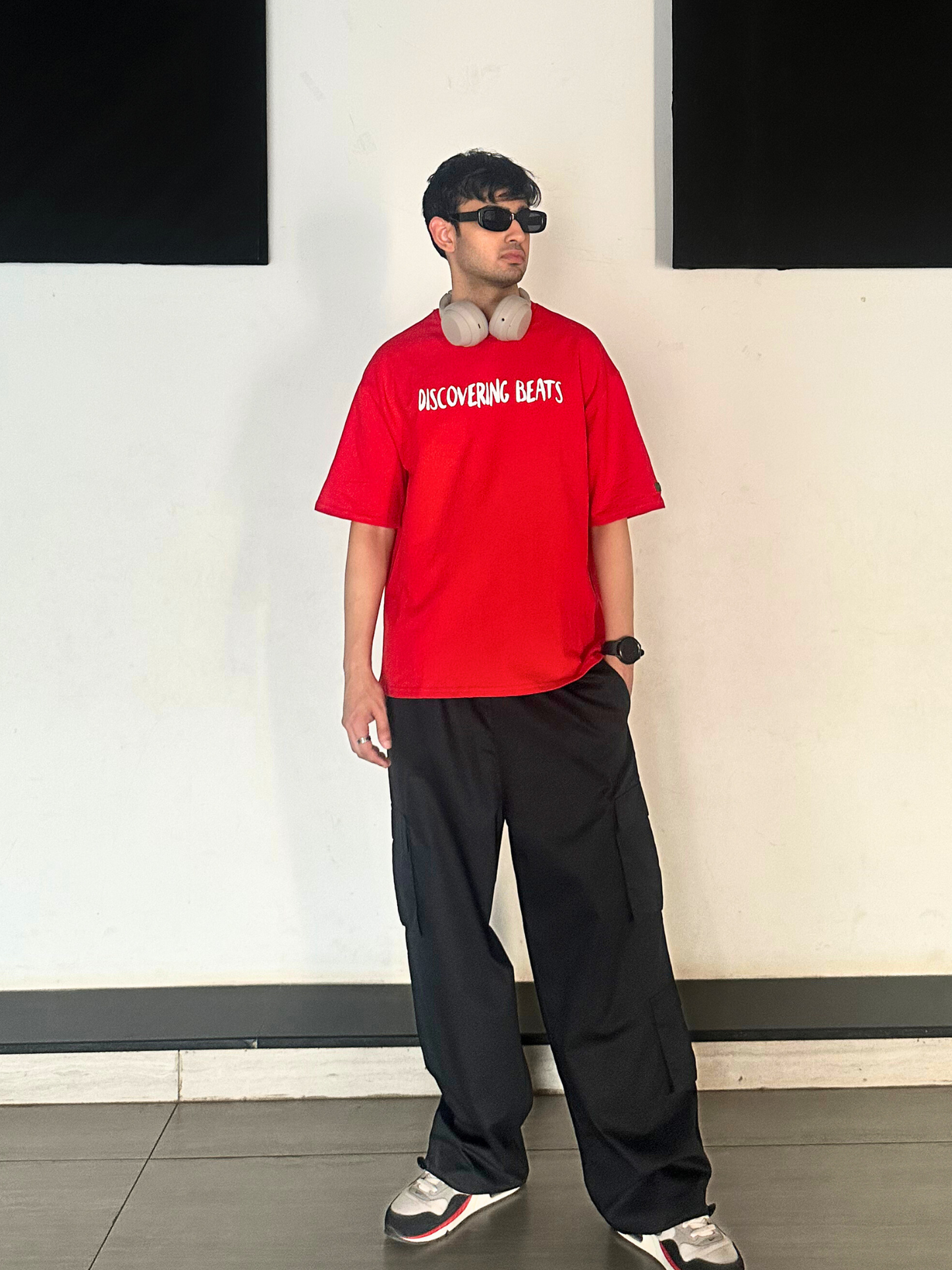 Red Discovering Beats Oversized Tshirt