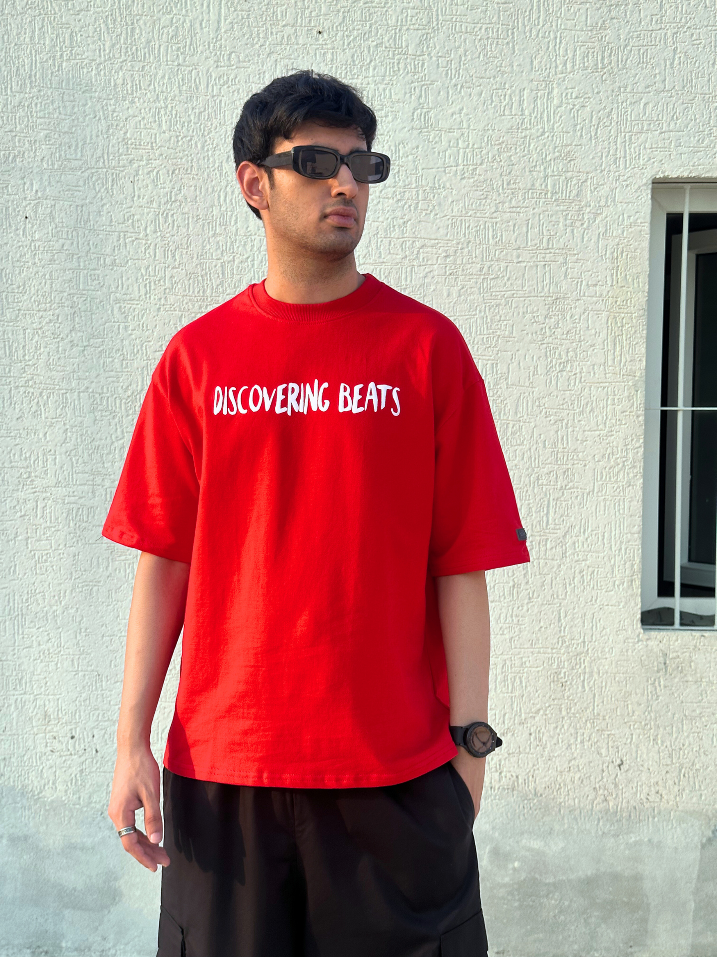 Red Discovering Beats Oversized Tshirt