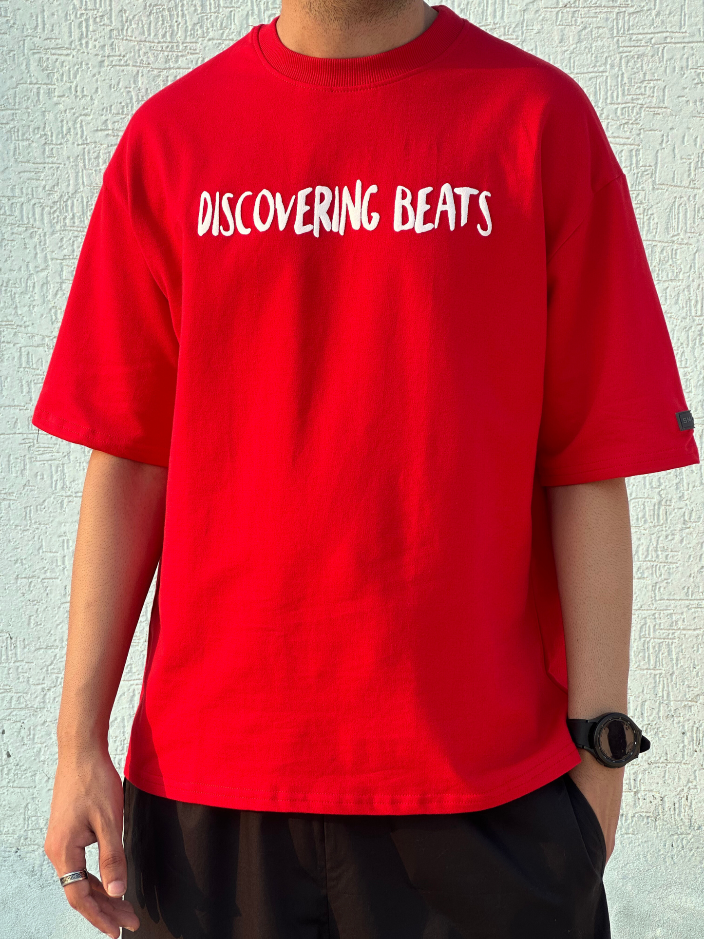 Red Discovering Beats Oversized Tshirt