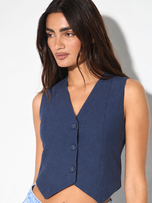STELLA Blue Linen Vest for Women – Cropped V-Neck Waistcoat