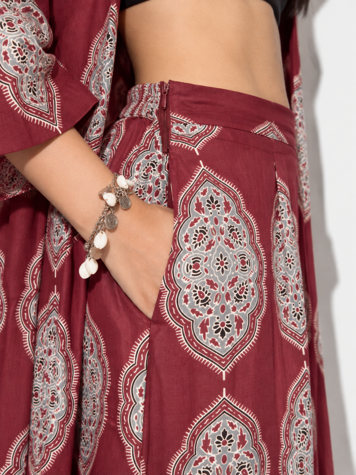 Haya Red Printed Cover-up and Wide-Leg Pants Co-ord Set
