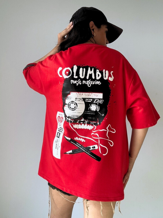Red Discovering Beats Oversized Tshirt