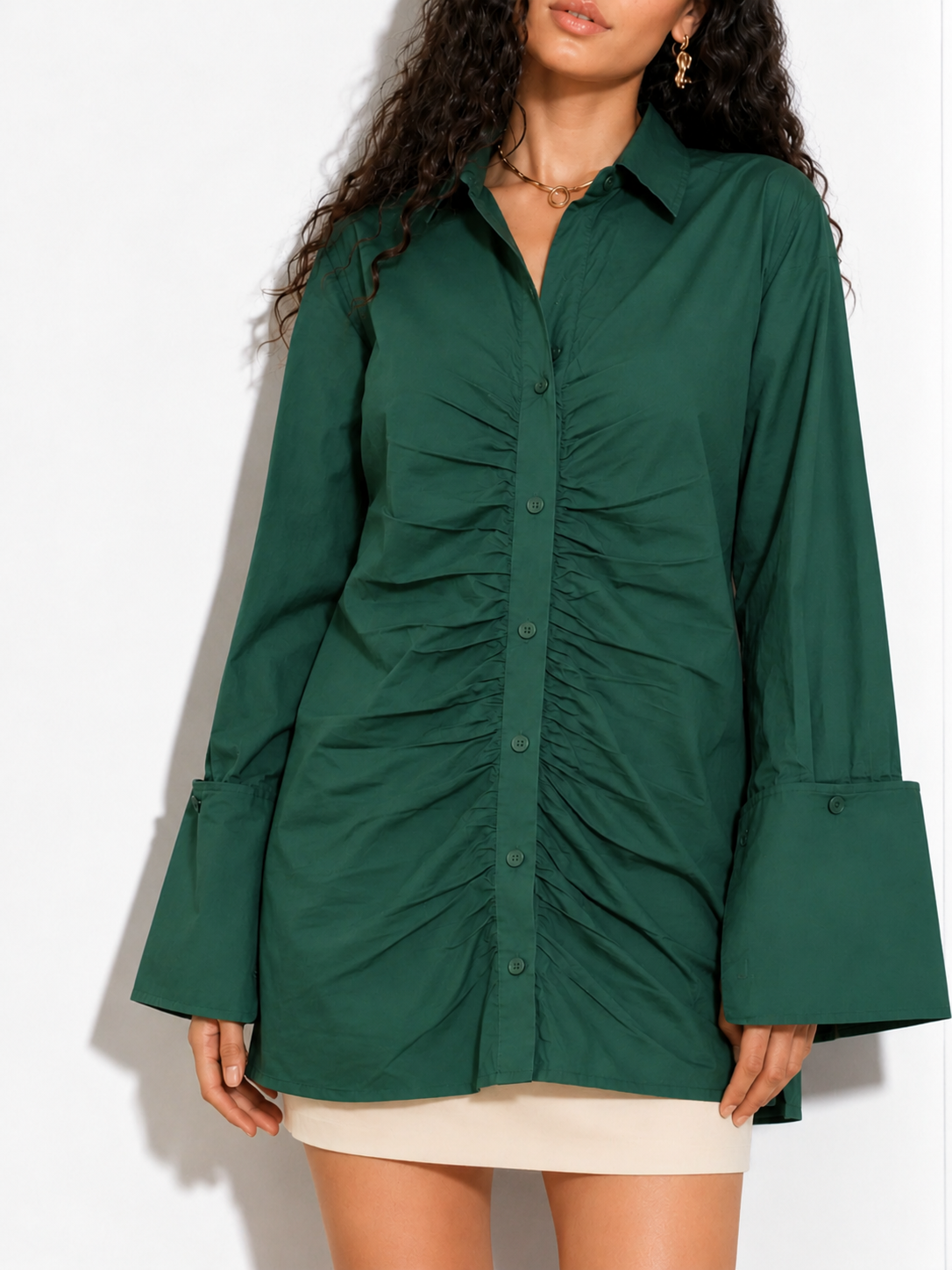 Aster Ruched Oversized Green Shirt Dress for Women