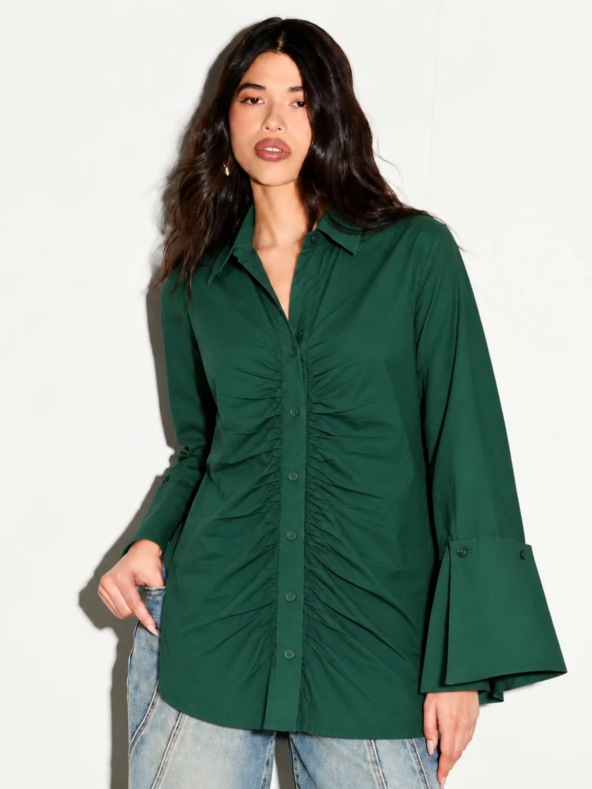 Aster Ruched Oversized Green Shirt Dress for Women