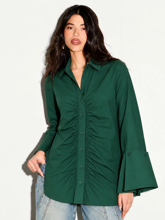 Aster Ruched Oversized Green Shirt Dress for Women