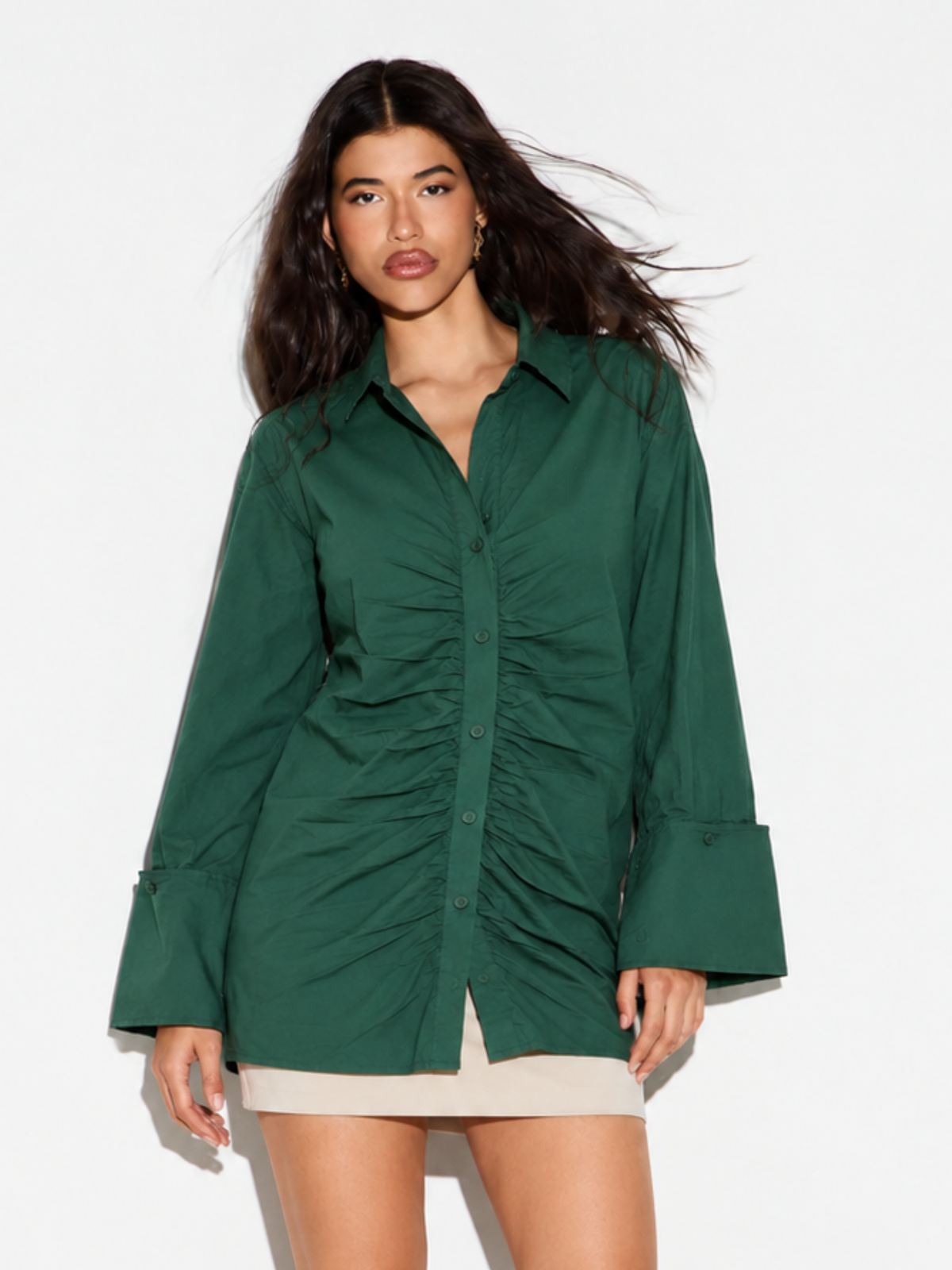 Aster Ruched Oversized Green Shirt Dress for Women
